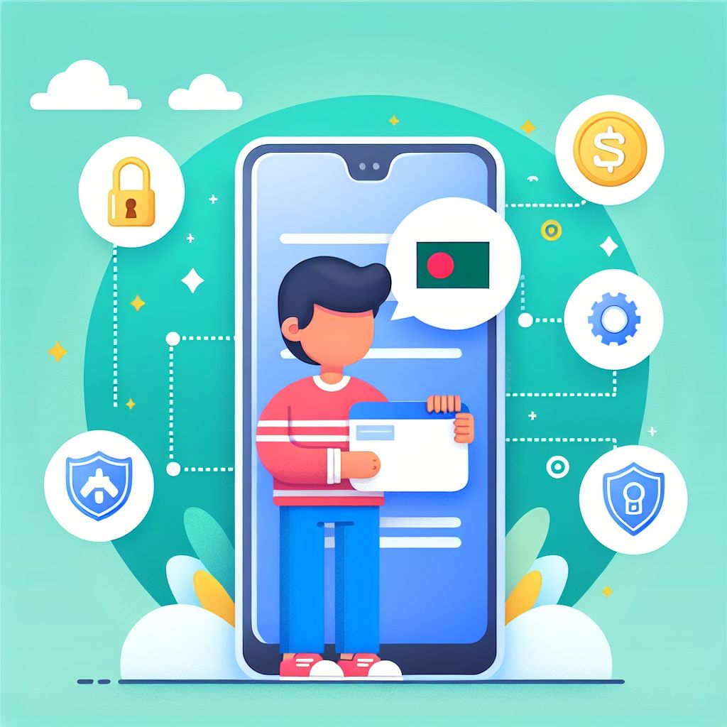 Cartoon character holding a smartphone with 4777bed app interface and Bangladeshi city backdrop