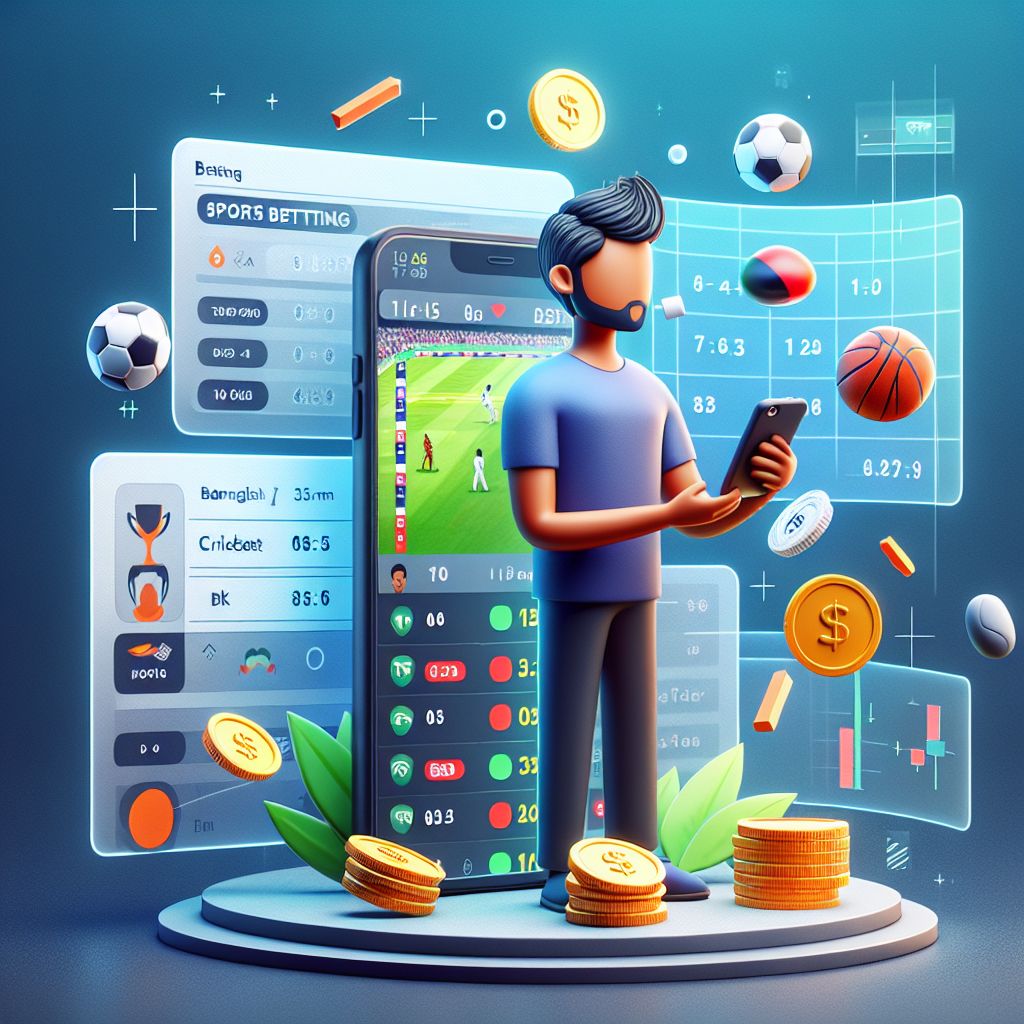Cartoon sports bettor with a phone, odds board, and coins in a Bangladesh-themed color palette