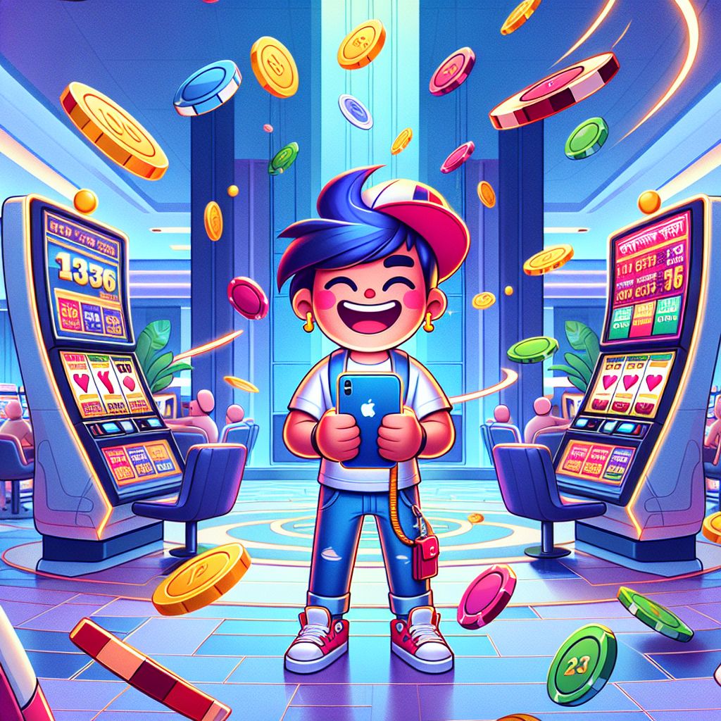 Cartoon casino character holding chips and a phone with slot icons in a Bangladesh-themed color palette