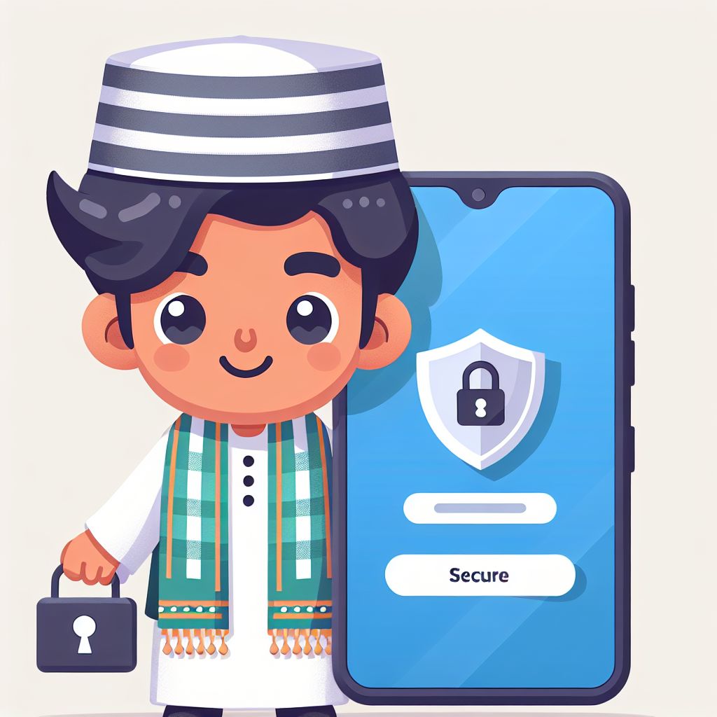 Cartoon character holding a phone showing a secure login screen with a shield icon and Bangladesh-themed colors