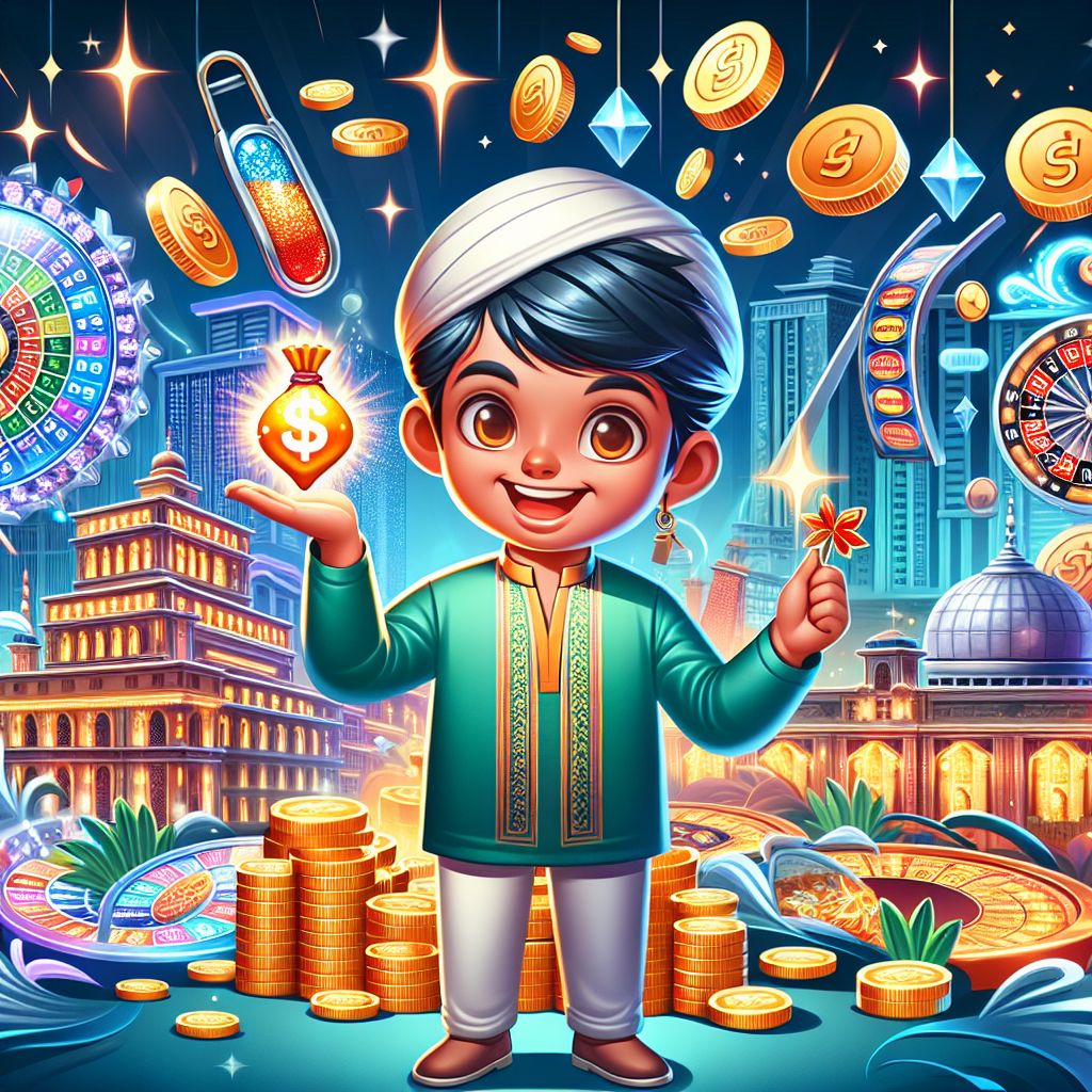 Cartoon slot explorer holding a lucky charm with spinning reels and coins